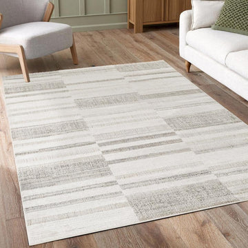 Mabel Patch MBL04 Modern Distressed Patchwork Block Stripe Soft Hi-Lo Textured Cut Pile Polyblend Stone Grey/Ivory/Warm Taupe/Soft Silver/Muted Beige Rug-Desire Rugs-Rug Love - The Most Loved Rug Store